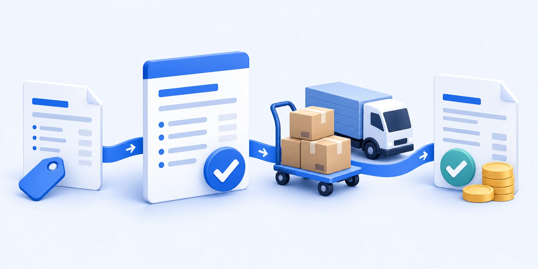 Sales workflow: a quotation becomes a confirmed order, followed by delivery, invoicing and payment collection.